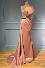 Pink Beaded Mermaid Prom Dress with Spaghetti Straps and Ruffles