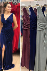Vintage Blue V-Neck Long Mermaid Prom Dress with Thigh High Split