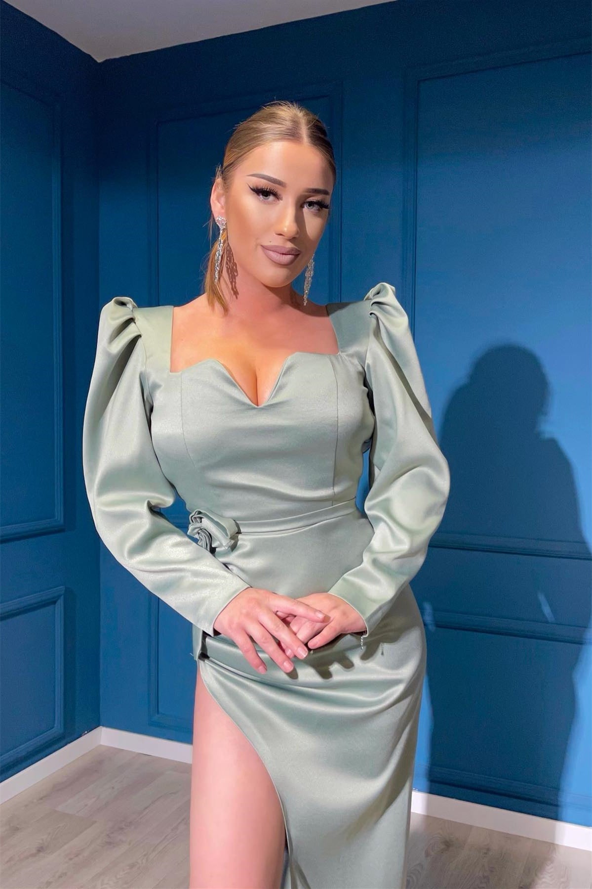 Dusty Sage Long Sleeve V-Neck Evening Dress with Front Slit Gown