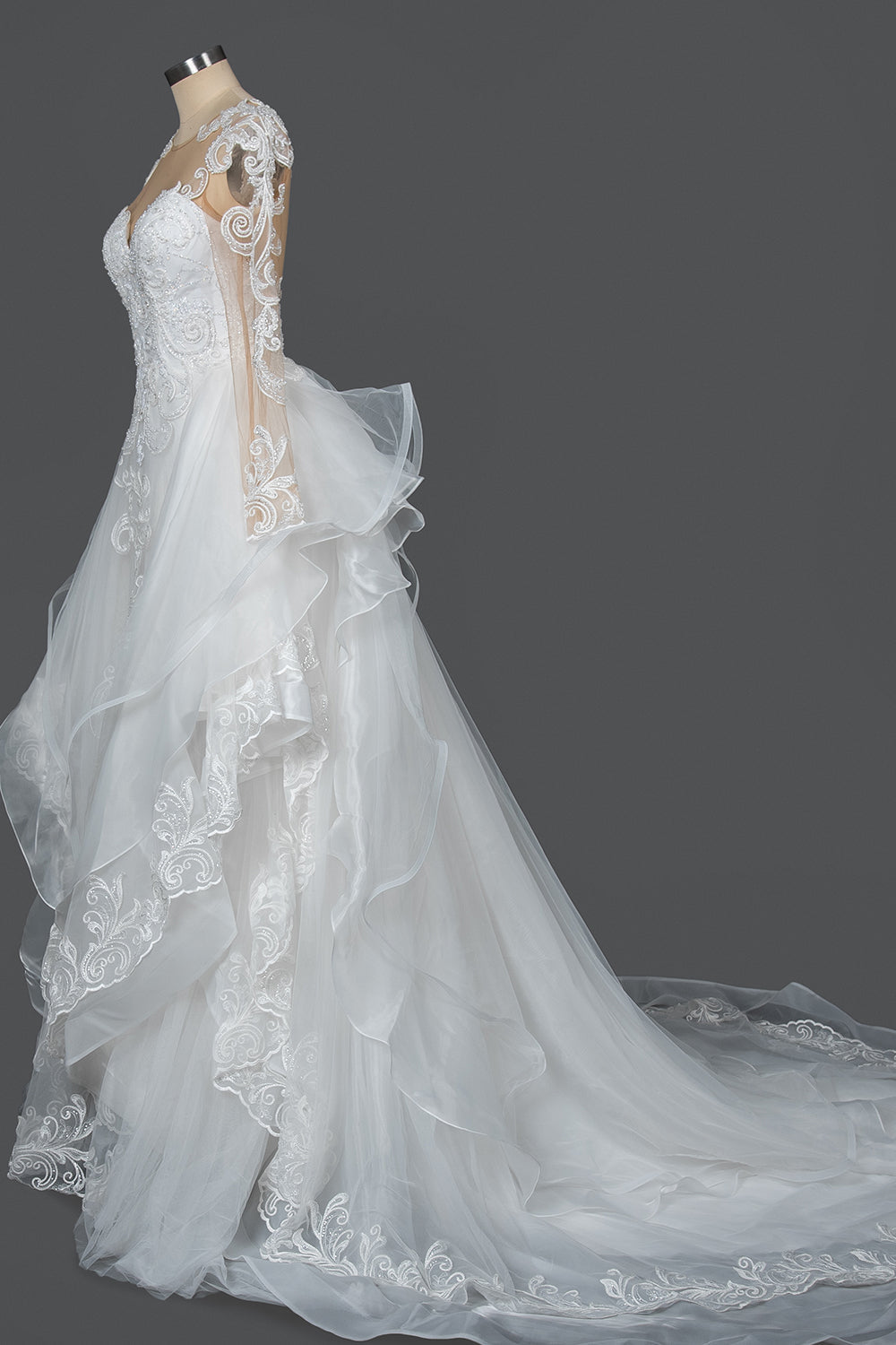 A-Line V-Neck Hi-Lo Wedding Dress with Ruffles, Tulle and Appliques
