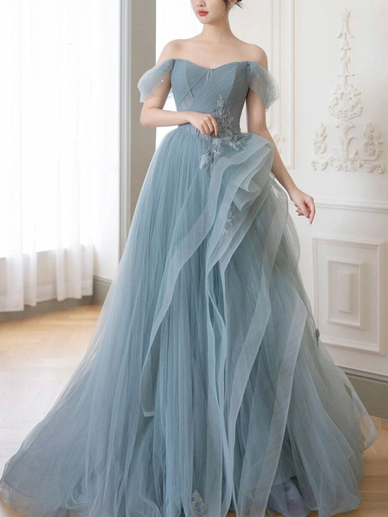 Elegant Gray Blue A-Line Off Shoulder Tulle Lace Prom Dress