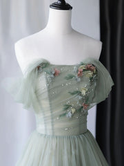 Gray Green Tulle Off Shoulder Prom Formal Dress