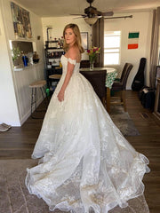 Elegant Off-Shoulder A-Line Lace Wedding Dress with Beaded Appliques