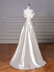 A-Line Off Shoulder Satin Beige Long Prom Formal Evening Dress
