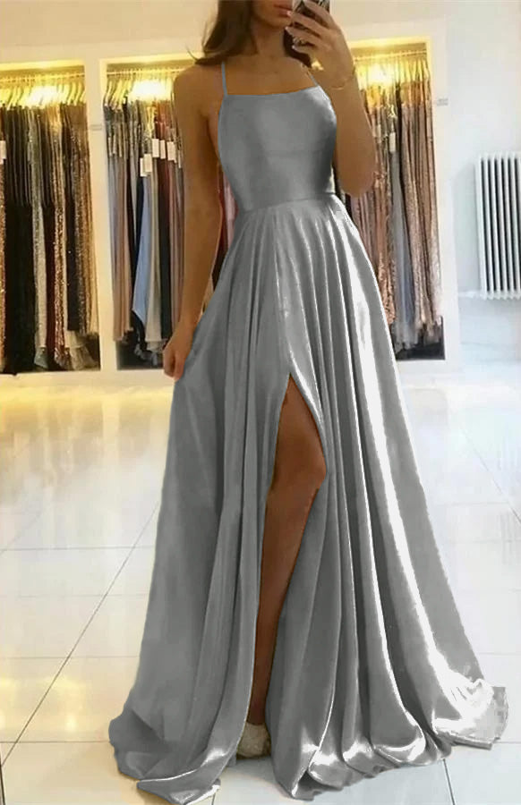 Elegant Spaghetti Straps Floor-Length Prom Dress with Side Slit for Women