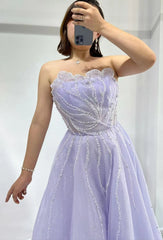 Lilac A-Line Tulle Prom Dress: Strapless, Sleeveless with Sequin Beads