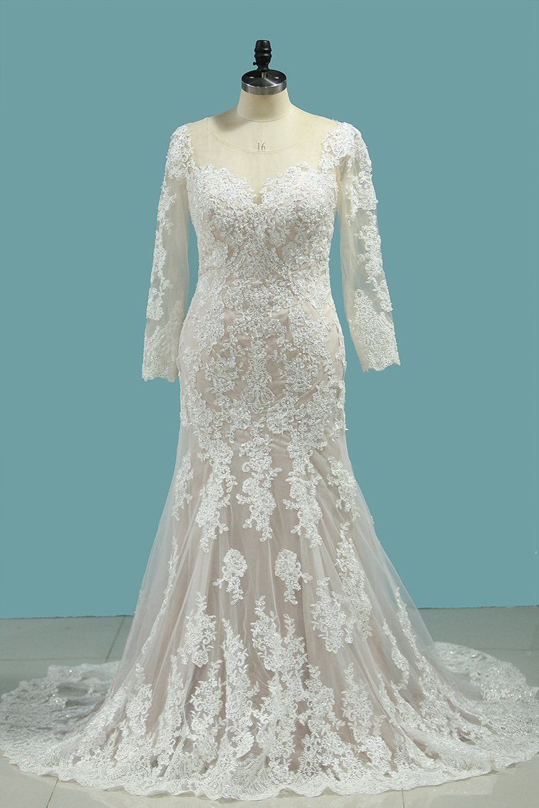 Elegant Bateau Neck Long Sleeve Mermaid Wedding Dress with Exquisite Lace Appliques