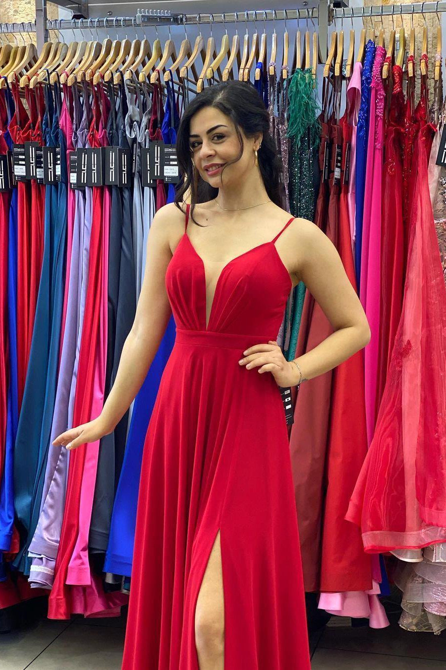 Spaghetti Strap Red Long Prom Dress with Slit Formal Gown