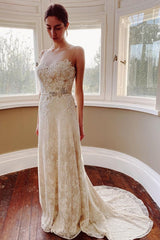 Exquisite Pearl Mermaid Wedding Dress Appliques Lace Sash Bridal Gown