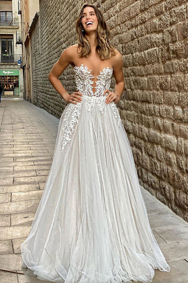 Sheer A-Line Wedding Dress with Tulle Appliqués Floor Length Bridal Gown