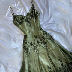Vintage Green Emerald Maxi Dress Embroidered Crystals Floral Designs