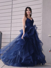 Navy Spaghetti-Strap Ruffled High-Low Prom Dress with Split