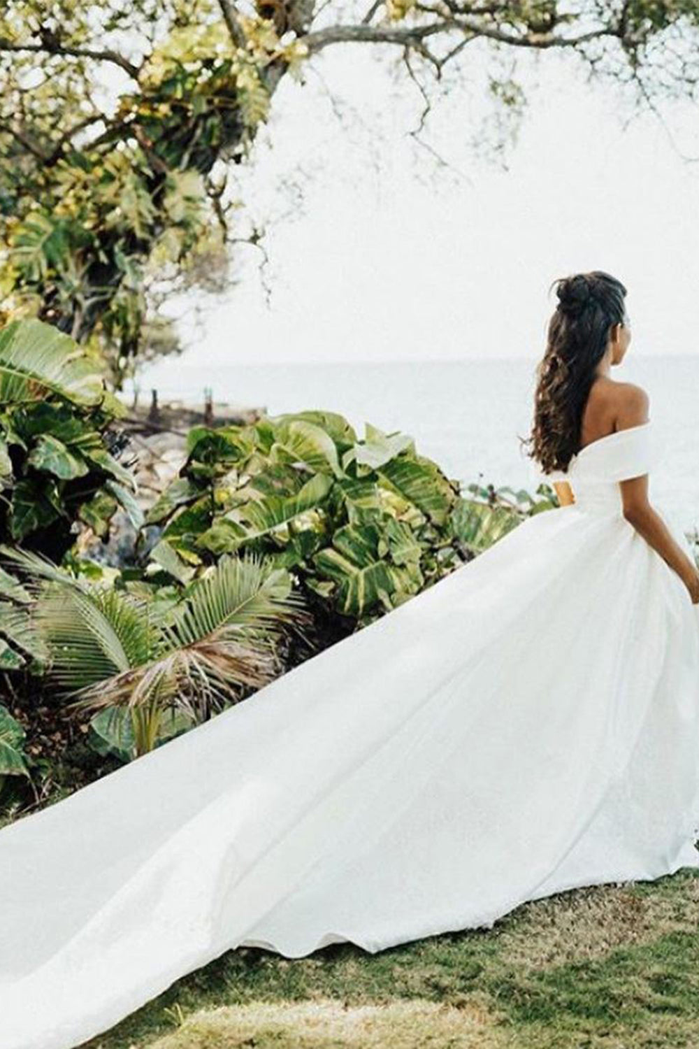 Elegant White V-Neck Off-Shoulder Lace Ball Gown Wedding Dress with Cathedral Train