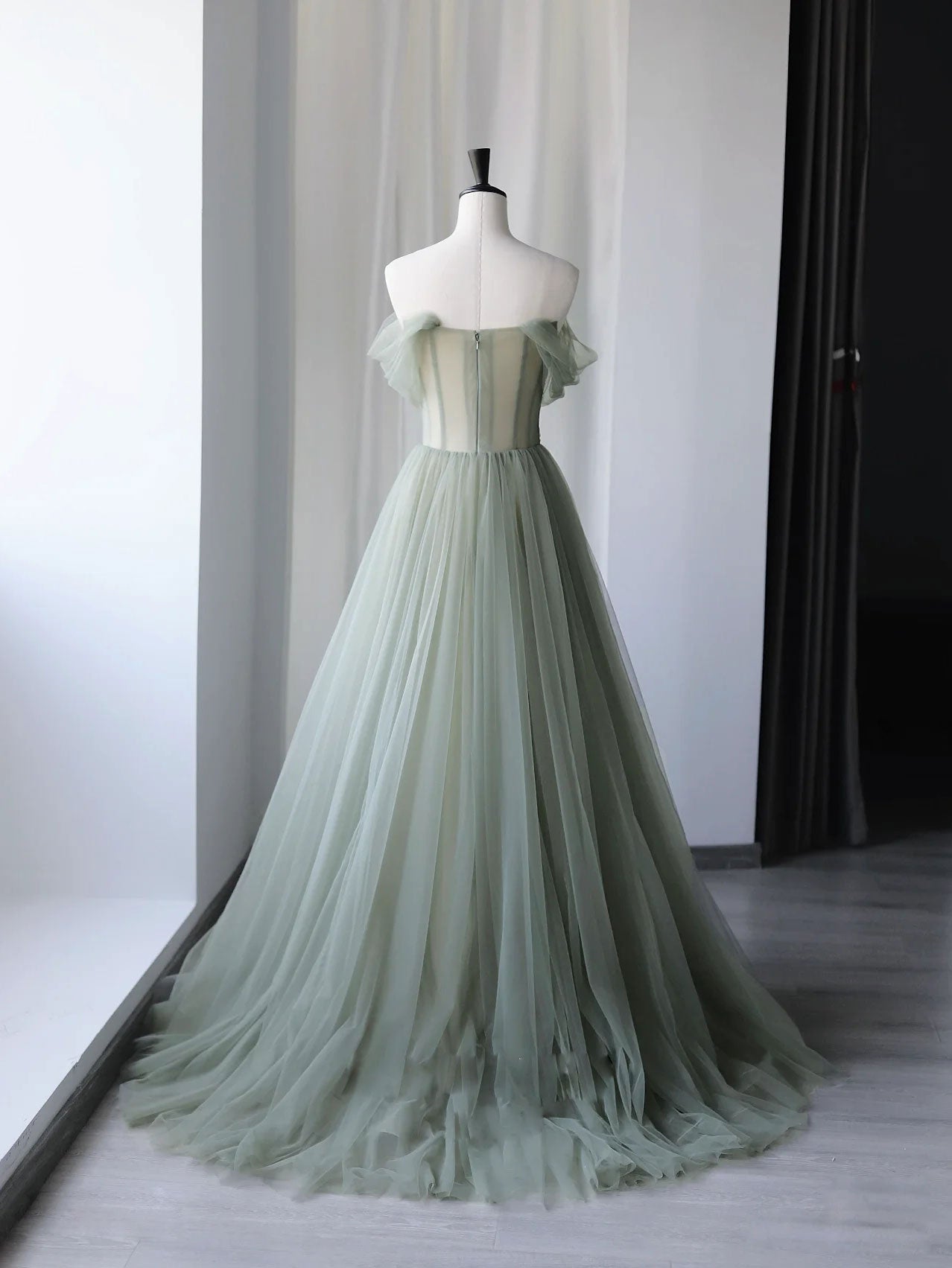 Gray Green Tulle Off Shoulder Prom Formal Dress Gray Green Tulle Off Shoulder Prom Formal Dress