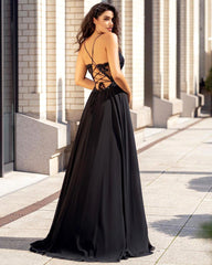 Elegant Spaghetti-Strap V-Neck Prom Gown with Slit and Delicate Appliques