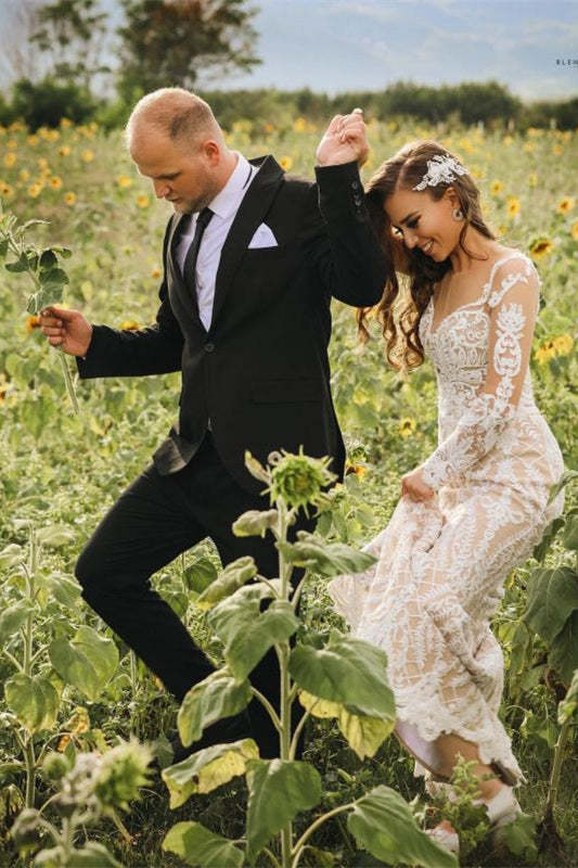 Illusion Long-Sleeve Mermaid Lace Wedding Gown with Sheer Applique