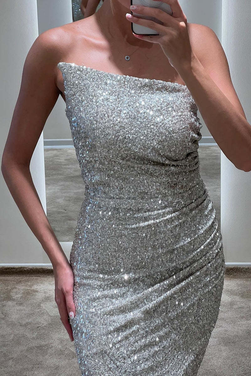 Luxurious Silver Strapless Prom Dress, Slimming Mermaid Silhouette, Evening Gown