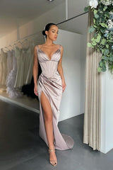 Blushing Pink Pleated V-Neck Prom Dress with High Slit Gown