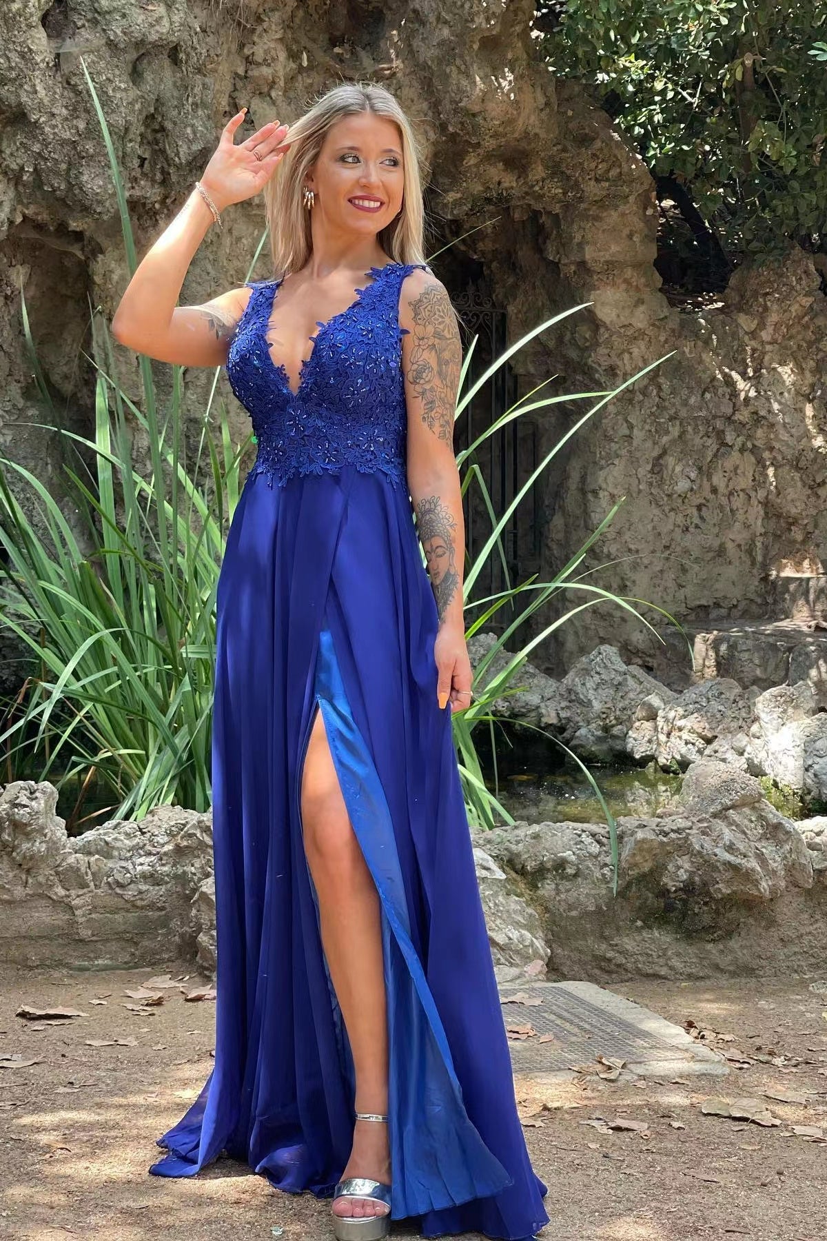 Vintage Red V-Neck Long Prom Dress High Slit Evening Gown