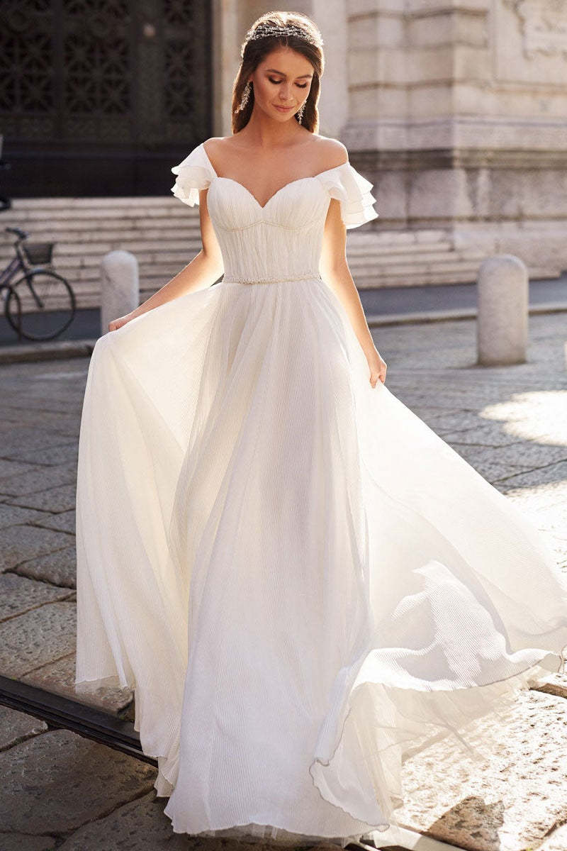 Off-the-Shoulder Chiffon A-Line Wedding Gown with Flowing Train