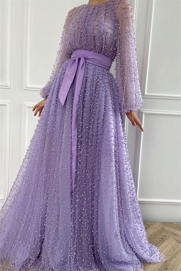 Elegant Lilac Pearl Mermaid Evening Gown with Beaded Jewel and Belt