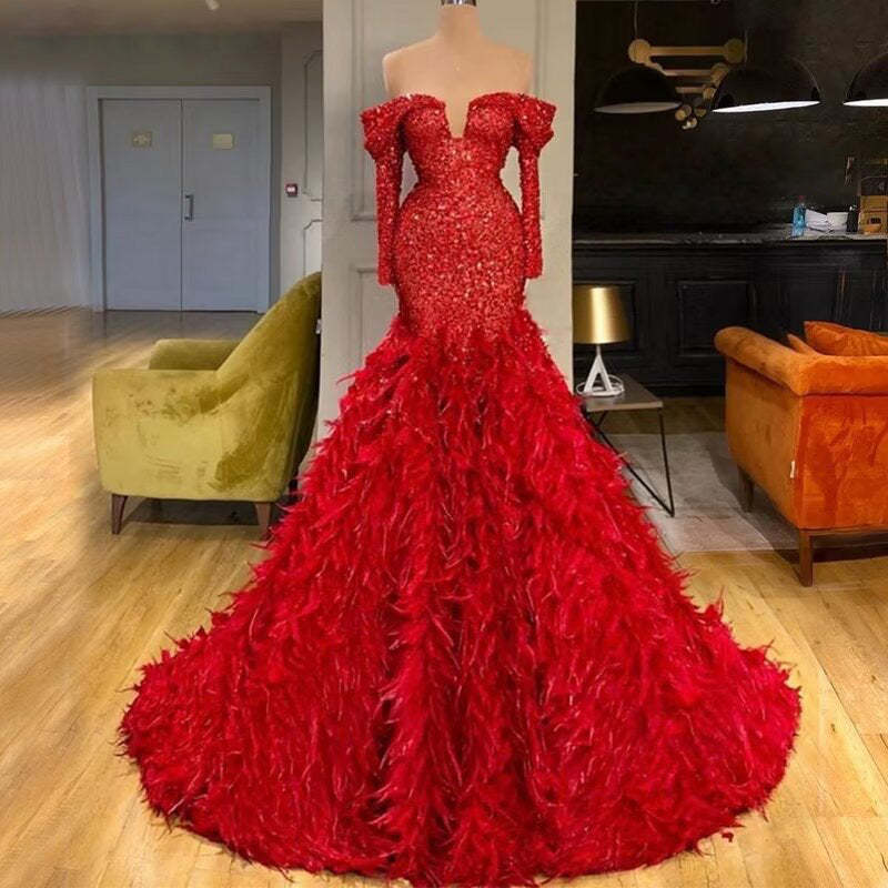 Red Sequin A-Line Prom Dress with Long Sleeves and Feather Details