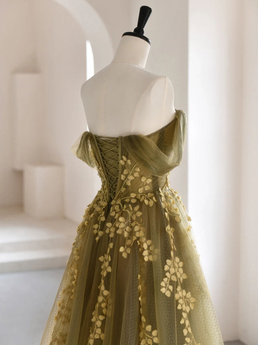 Green Tulle Lace Long Prom Dress A Line Off Shoulder Formal Evening Gown Green Tulle Lace Long Prom Dress A Line Off Shoulder Formal Evening Gown