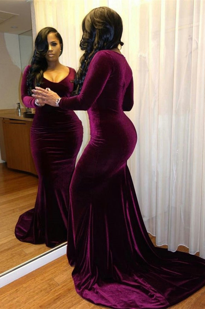 Elegant Purple Long Sleeve Mermaid Evening Prom Dress with Luxurious Velvet Fabric Elegant Purple Long Sleeve Mermaid Evening Prom Dress with Luxurious Velvet Fabric