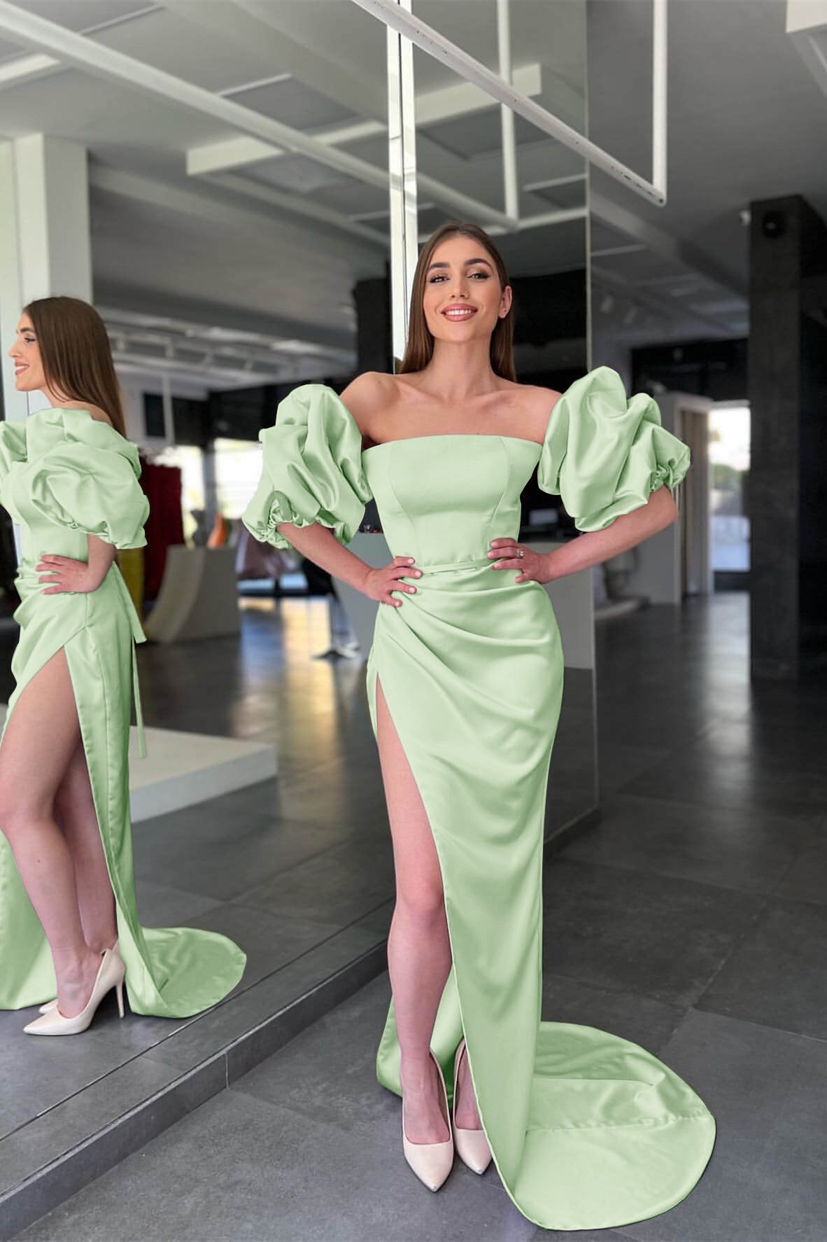 Elegant Pink Strapless Mermaid Prom Dress with Split and Sleeves