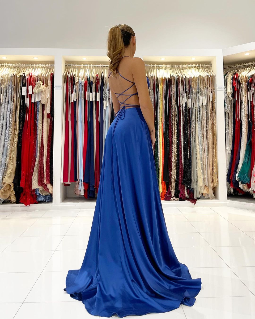 Elegant Royal Blue V-Neck Prom Gown with Thigh-High Slit and Spaghetti Straps