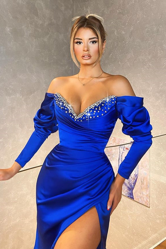 royal blue long sleeve mermaid prom dress Royal Blue Long Sleeves Sequins Mermaid Evening Dress With Slit
