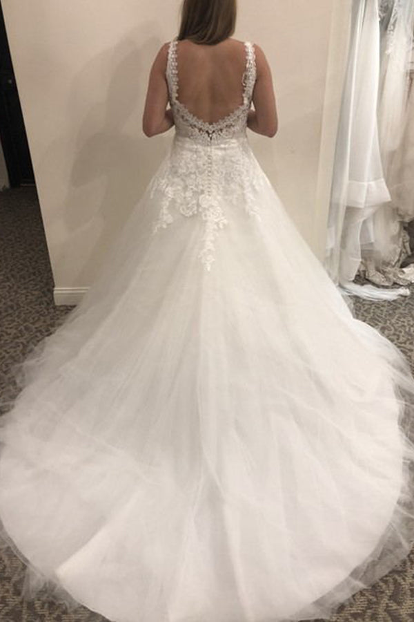 Elegant Lace Tulle A-Line Sleeveless Backless Wedding Dress Bridal Gown