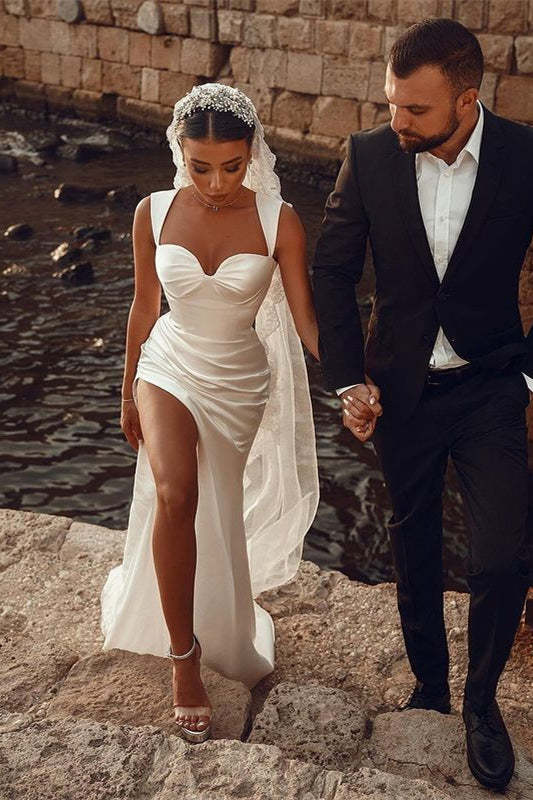 White Sweetheart Mermaid Satin Wedding Dress with High Slit