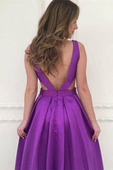 Elegant Sleeveless Purple A-Line Prom Dress with V-Neck and Pockets
