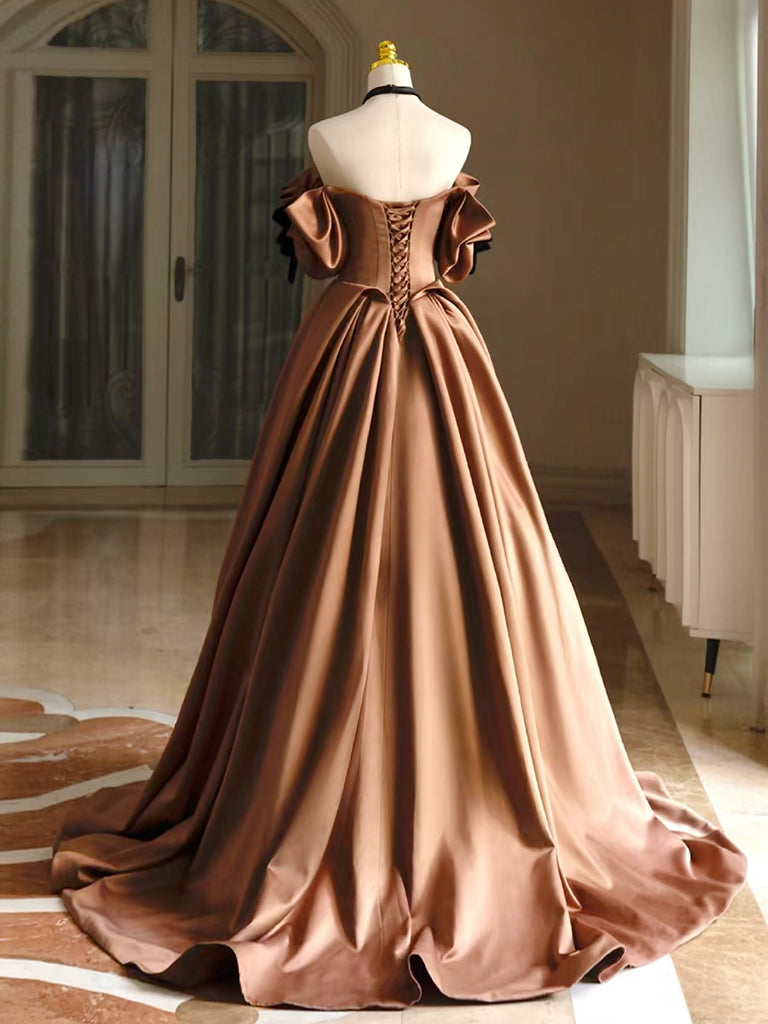 Elegant A-Line Satin Brown Long Prom Dress: Chic Formal Evening Gown Elegant A-Line Satin Brown Long Prom Dress: Chic Formal Evening Gown