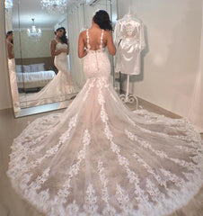 Elegant Mermaid Spaghetti Strap Lace Wedding Dress Open Back Formal Gown