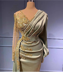 Elegant Satin V-Neck Beaded Applique Mermaid Evening Gown with Long Sleeves