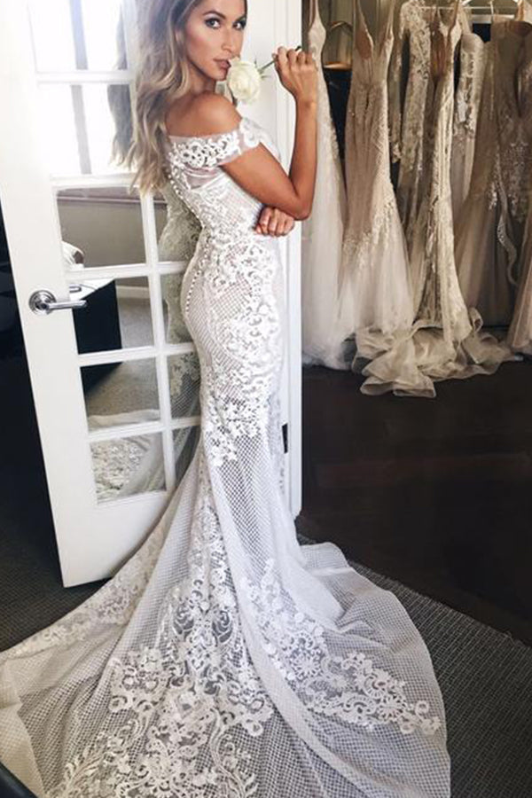 Off-the-Shoulder Sweep Train Mermaid Wedding Dress with Appliques Elegant