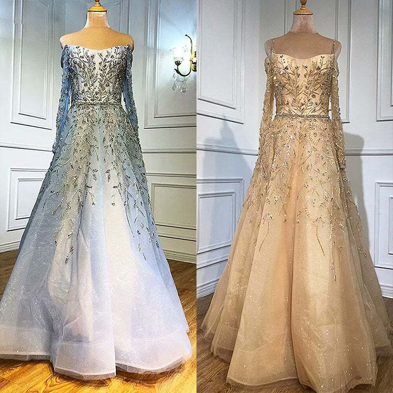 Elegant Sequin Appliques Prom Dress Long Sleeve V Neck A Line Stylish