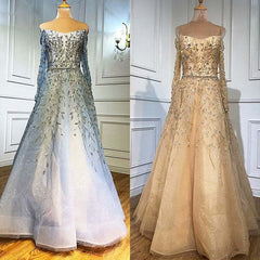 Elegant Sequin Appliques Prom Dress Long Sleeve V Neck A Line Stylish