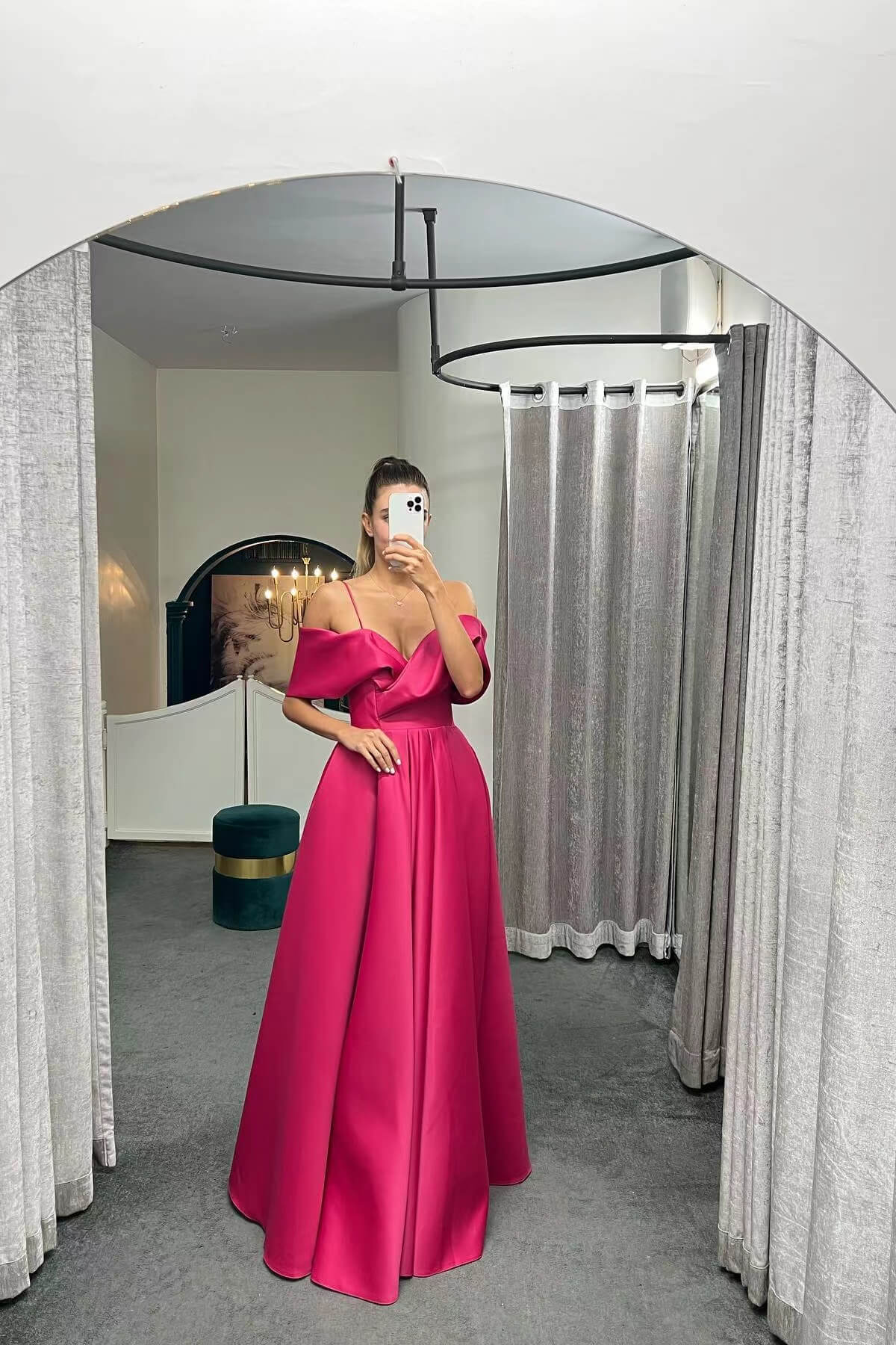 Spaghetti Strap Off-Shoulder A-Line Evening Dress with Lace-Up Back