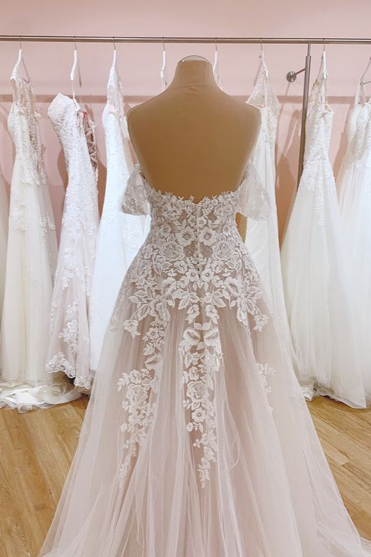 Elegant Off-Shoulder A-Line Wedding Gown with Sweetheart Backless Tulle and Train