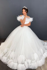 Elegant Lace & Tulle Two-Piece Wedding Dress with Short Sleeves