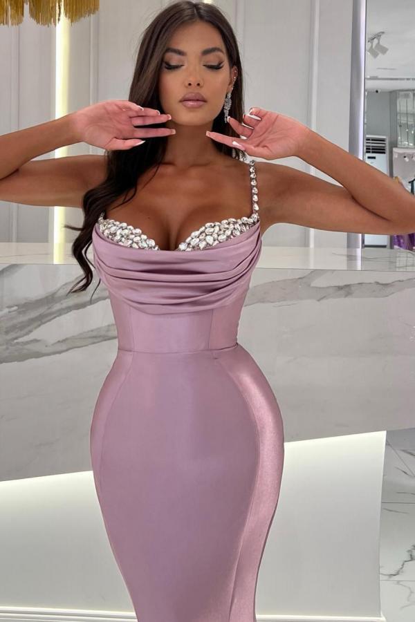 Elegant Ruched Satin Mermaid Prom Dress with Beaded Spaghetti Straps, Floor-Length Party Gown