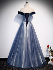 Elegant Blue Tulle Beaded Long Prom Dress with Sparkling Evening Details