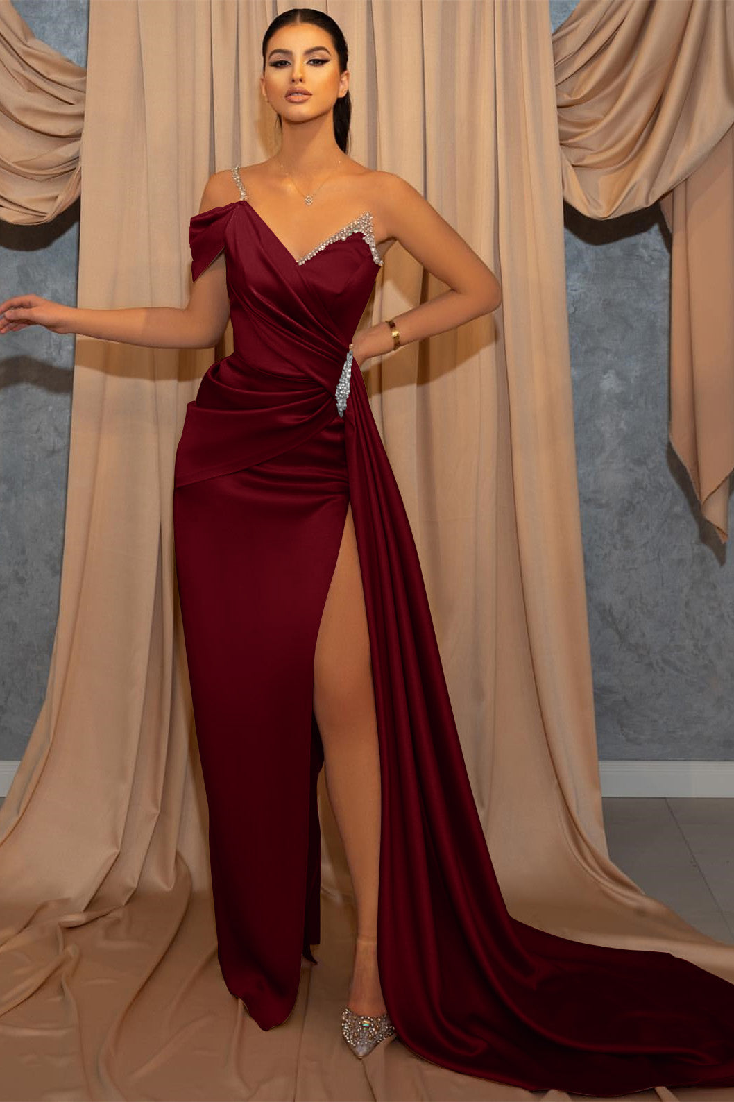 Elegant One-Shoulder Beaded Mermaid Prom Dress with Ruffle and Slit