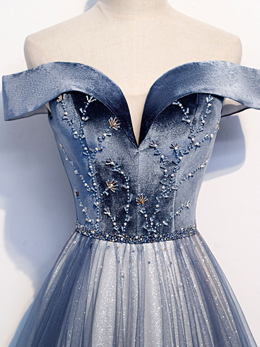 Elegant Blue Tulle Beaded Long Prom Dress with Sparkling Evening Details