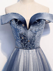 Elegant Blue Tulle Beaded Long Prom Dress with Sparkling Evening Details
