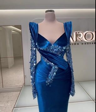 Royal Blue Long Sleeve Mermaid Charmeuse Prom Dress with Beading