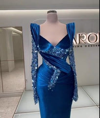 Royal Blue Long Sleeve Mermaid Charmeuse Prom Dress with Beading